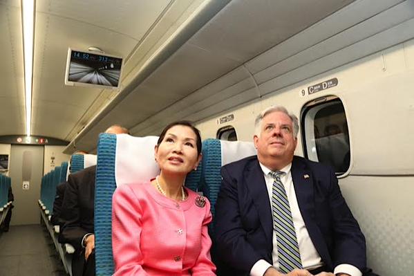 Gov. Larry Hogan (R-MD) and wife Yumi test-ride Japan's SCMaglev.